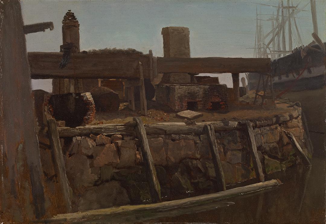 Scène de quai avec un navire à quai - Albert Bierstadt