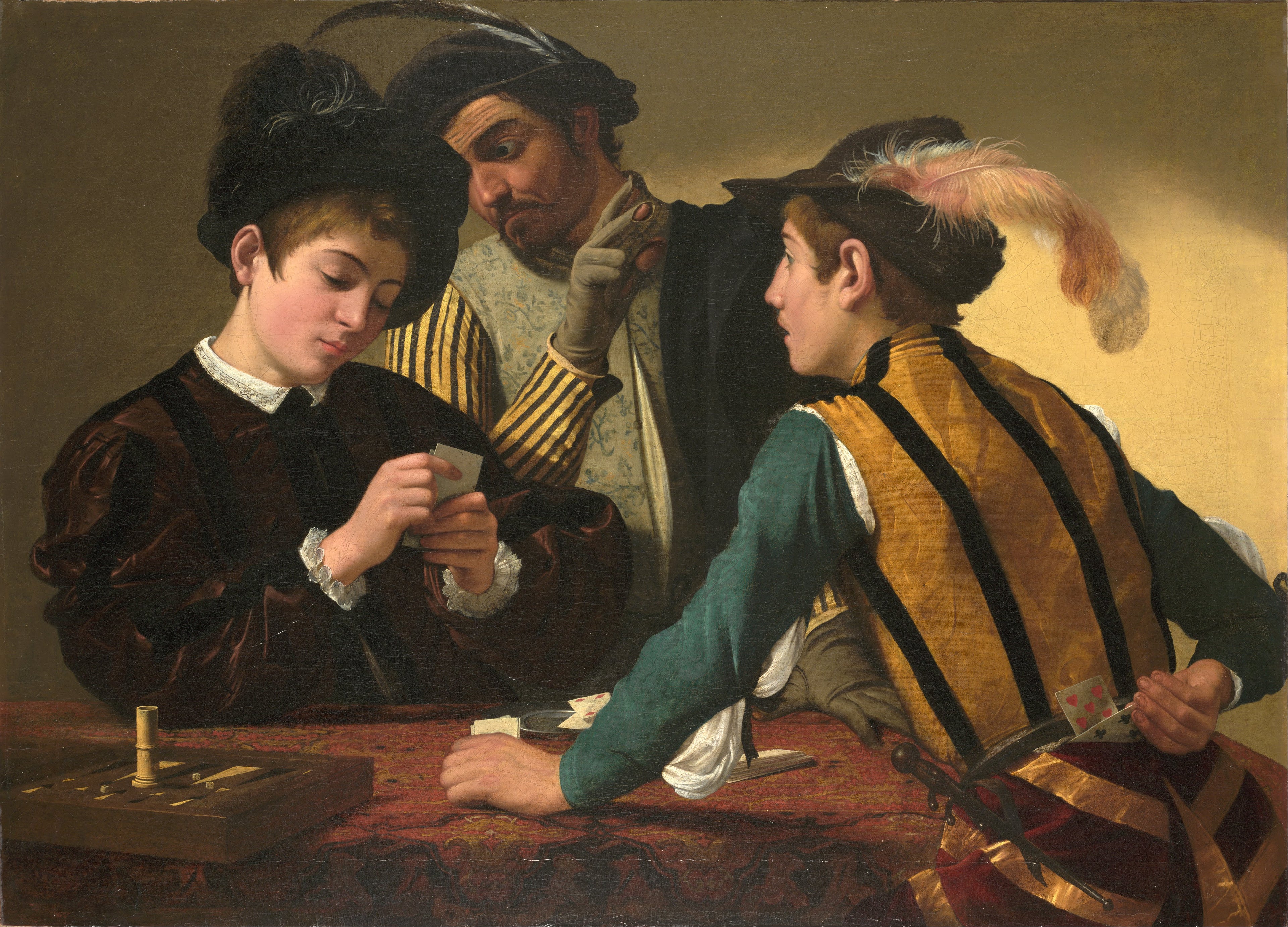 Reproduction du tableau ยซ Les Tricheurs - Le Caravage ยป par Alpha Reproduction en peinture ร lโhuile