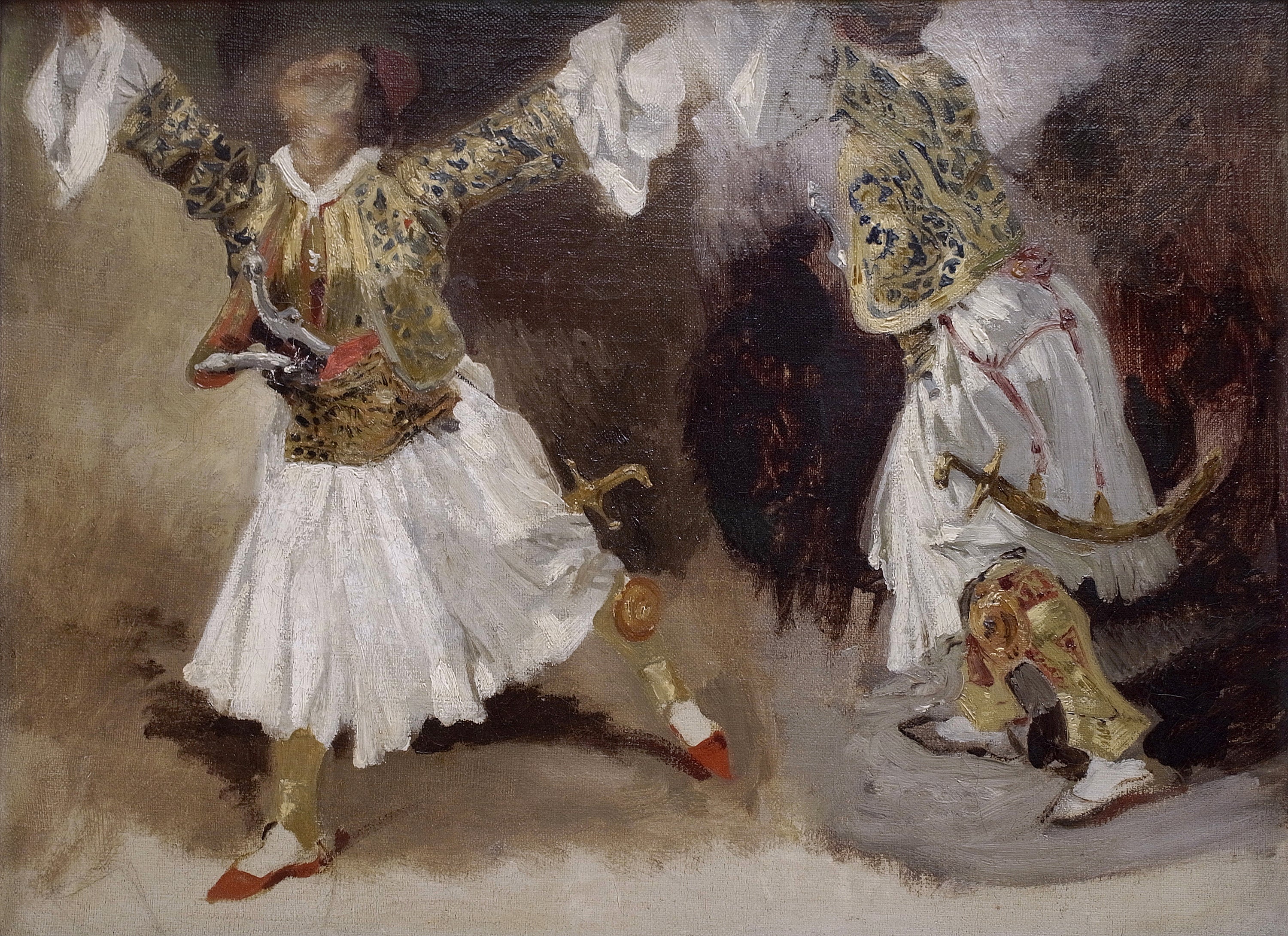 Reproduction du tableau « Deux guerriers grecs dansants. Étude de costumes souliotes - Eugène Delacroix » par Alpha Reproduction en peinture à l’huile