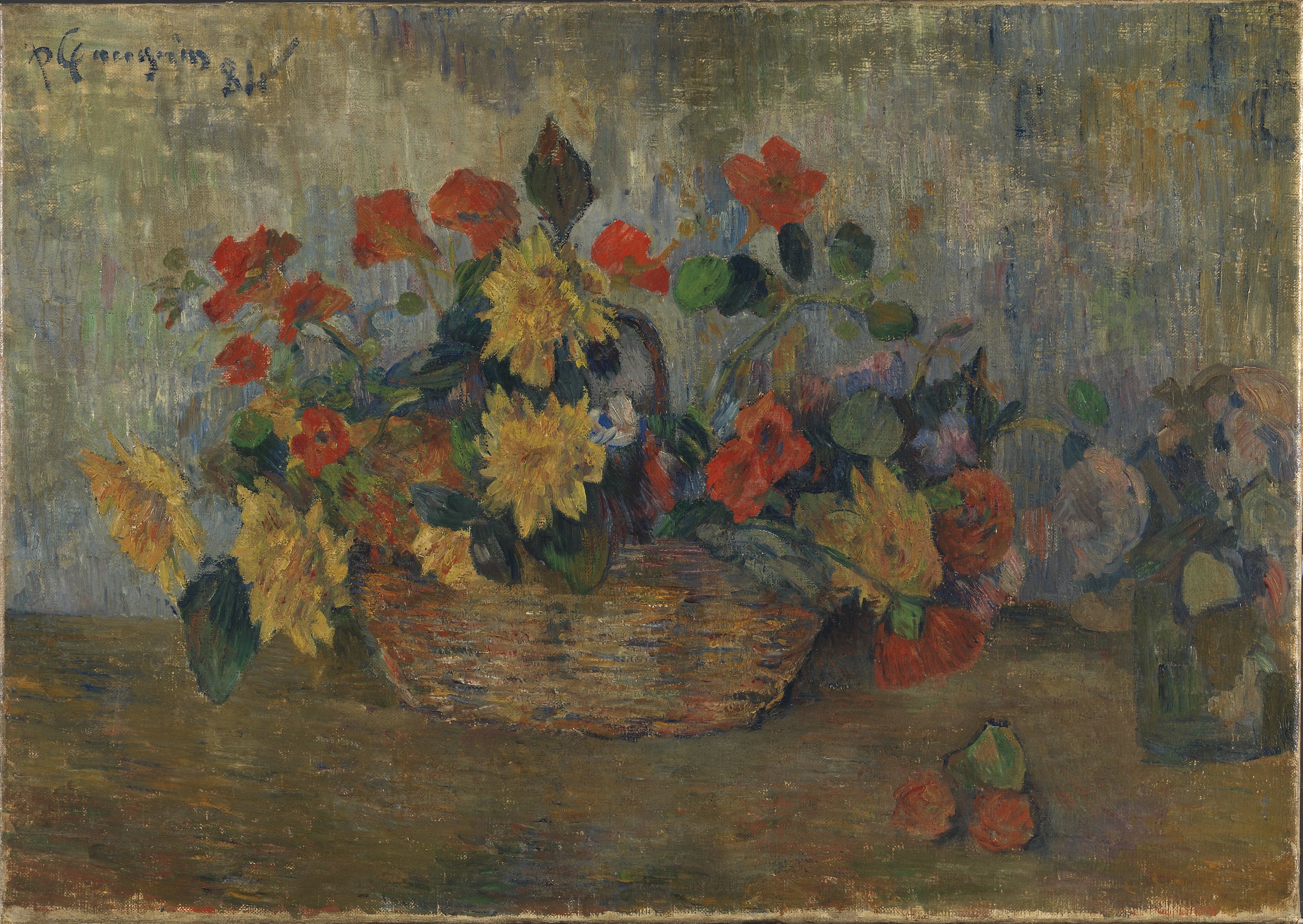 Reproduction du tableau ยซ Capucines et dahlias dans une corbeille - Paul Gauguin ยป par Alpha Reproduction en peinture ร lโhuile