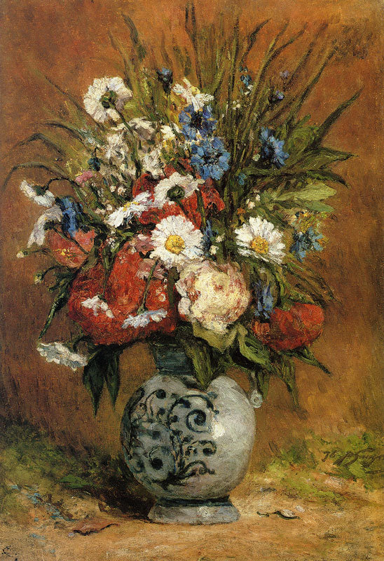 Reproduction du tableau ÂĢ Marguerites et pivoines dans un vase bleu - Paul Gauguin Âģ par Alpha Reproduction en peinture à lâhuile