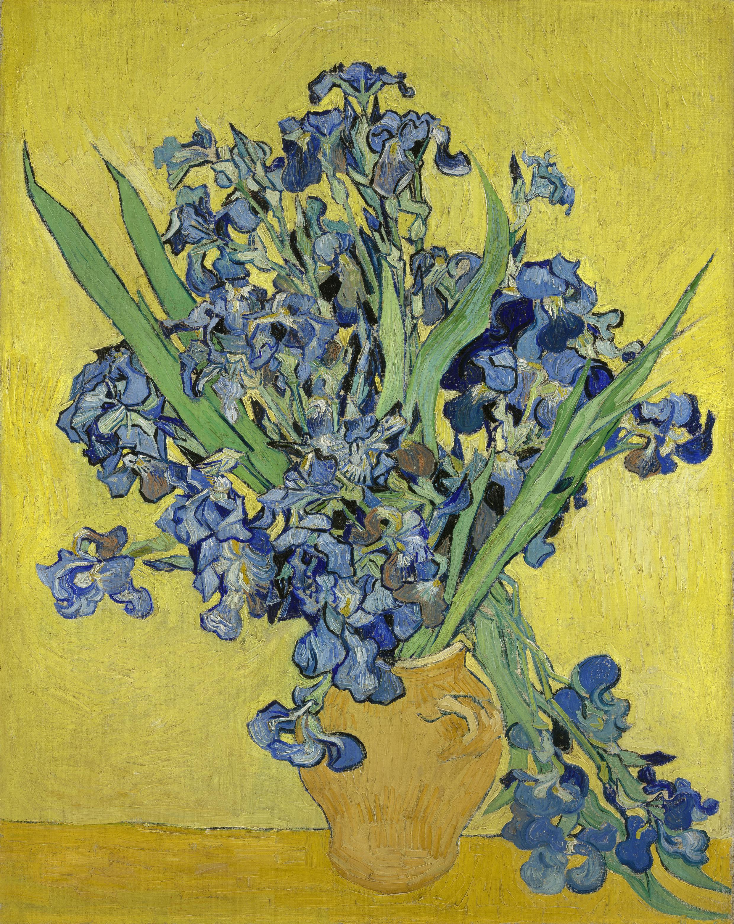Reproduction du tableau ยซ Vase d'iris - Vincent van Gogh ยป par Alpha Reproduction en peinture ร lโhuile