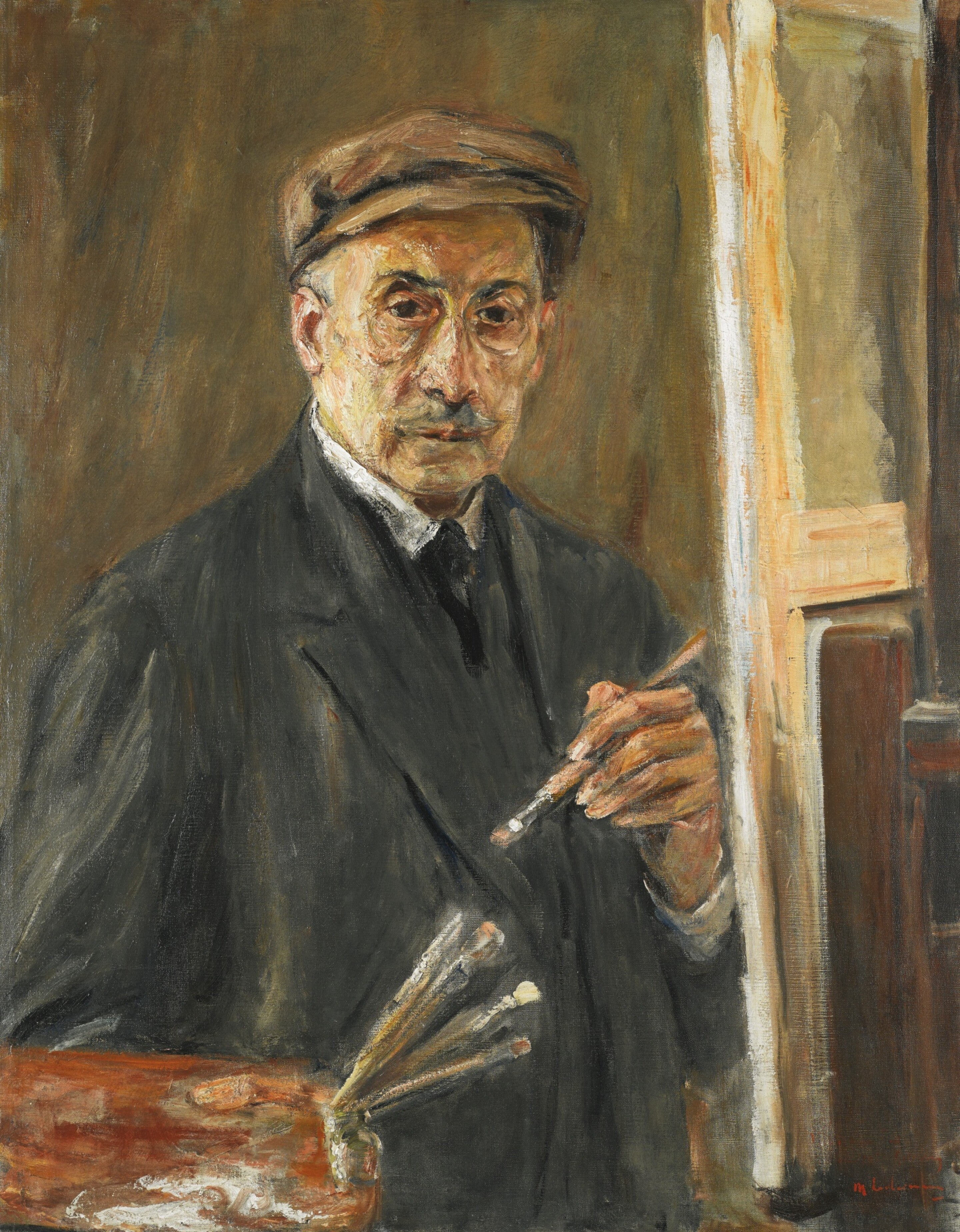 self-portrait wearing a coat with a brush and palette - Max Liebermann