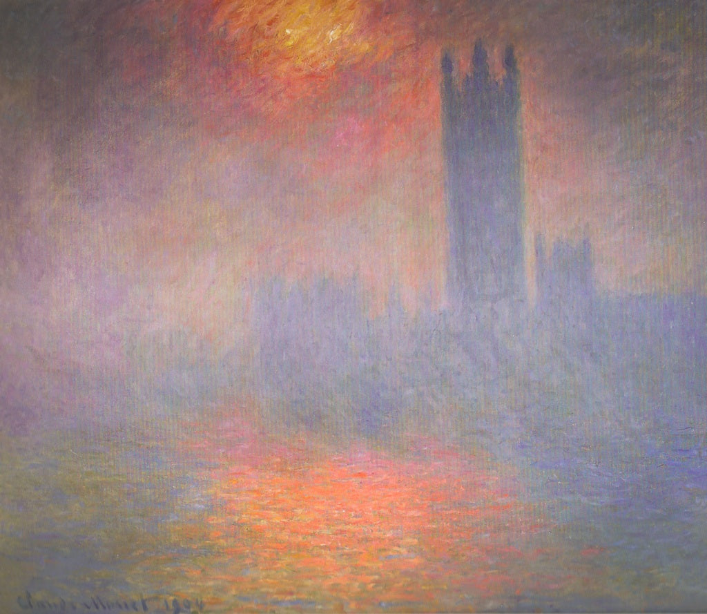 Reproduction du tableau ยซ Londres, le Parlement. Trouรฉe de soleil dans le brouillard - Claude Monet ยป par Alpha Reproduction en peinture ร lโhuile