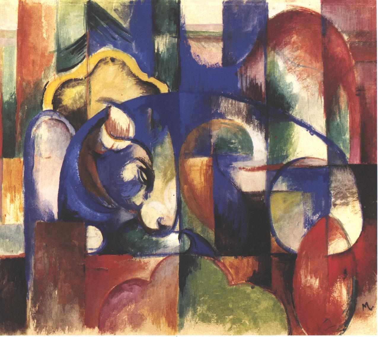 Reproduction du tableau ยซ Taureau menteur - Franz Marc ยป par Alpha Reproduction en peinture ร lโhuile