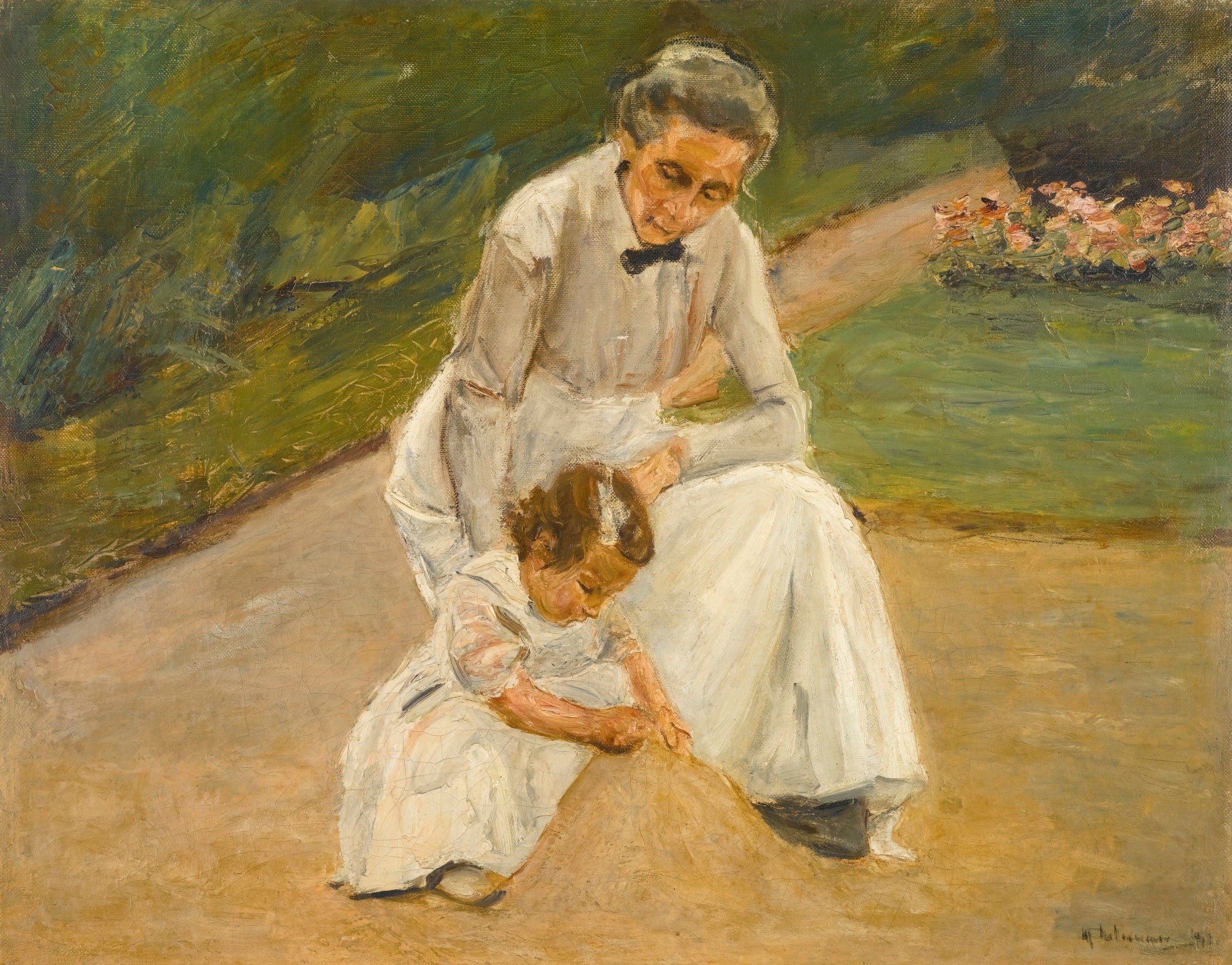 The artist's granddaughter and her nurse playing in the garden - Max Liebermann