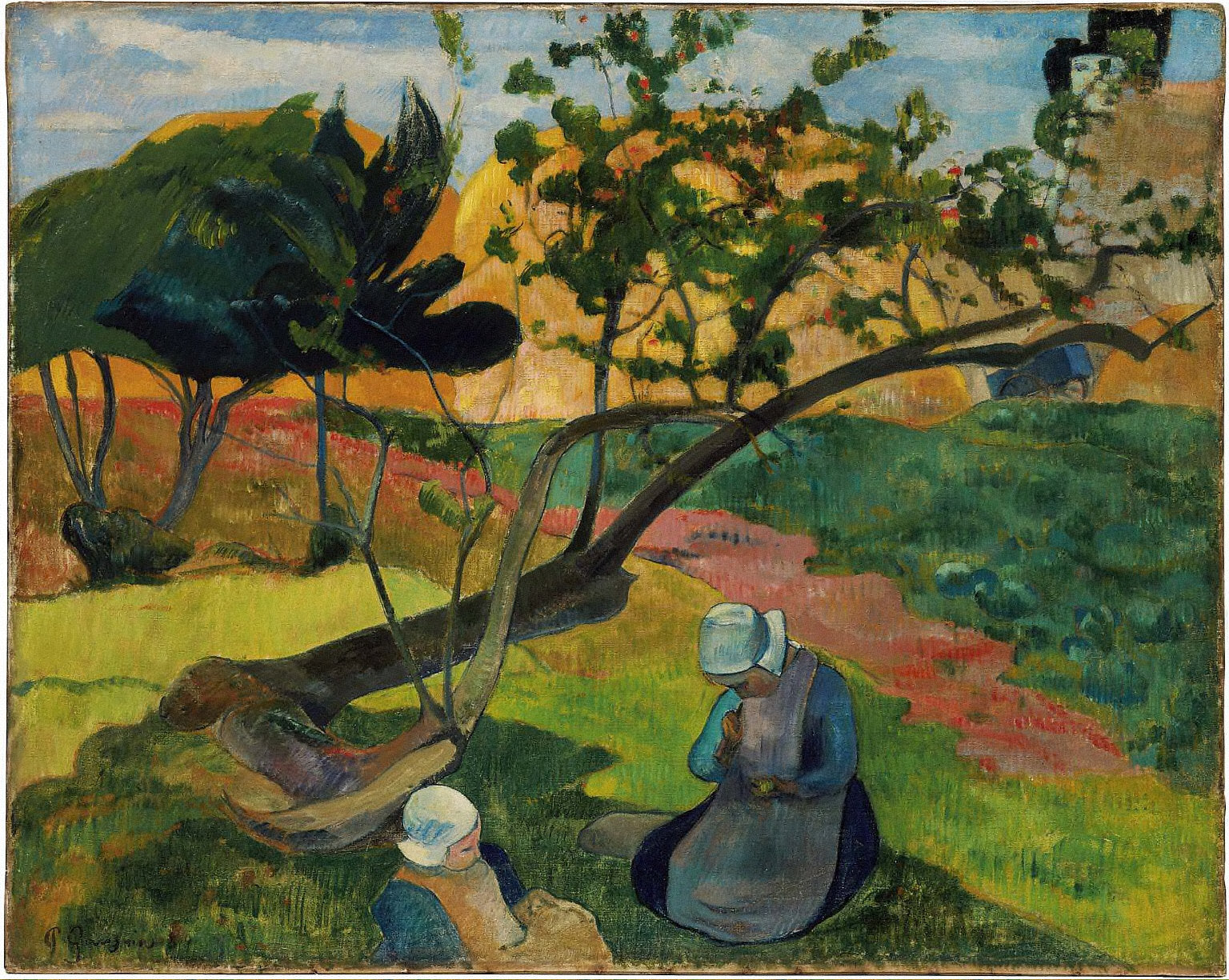 Reproduction du tableau ยซ Paysage avec la femme bretonne Deux - Paul Gauguin ยป par Alpha Reproduction en peinture ร lโhuile