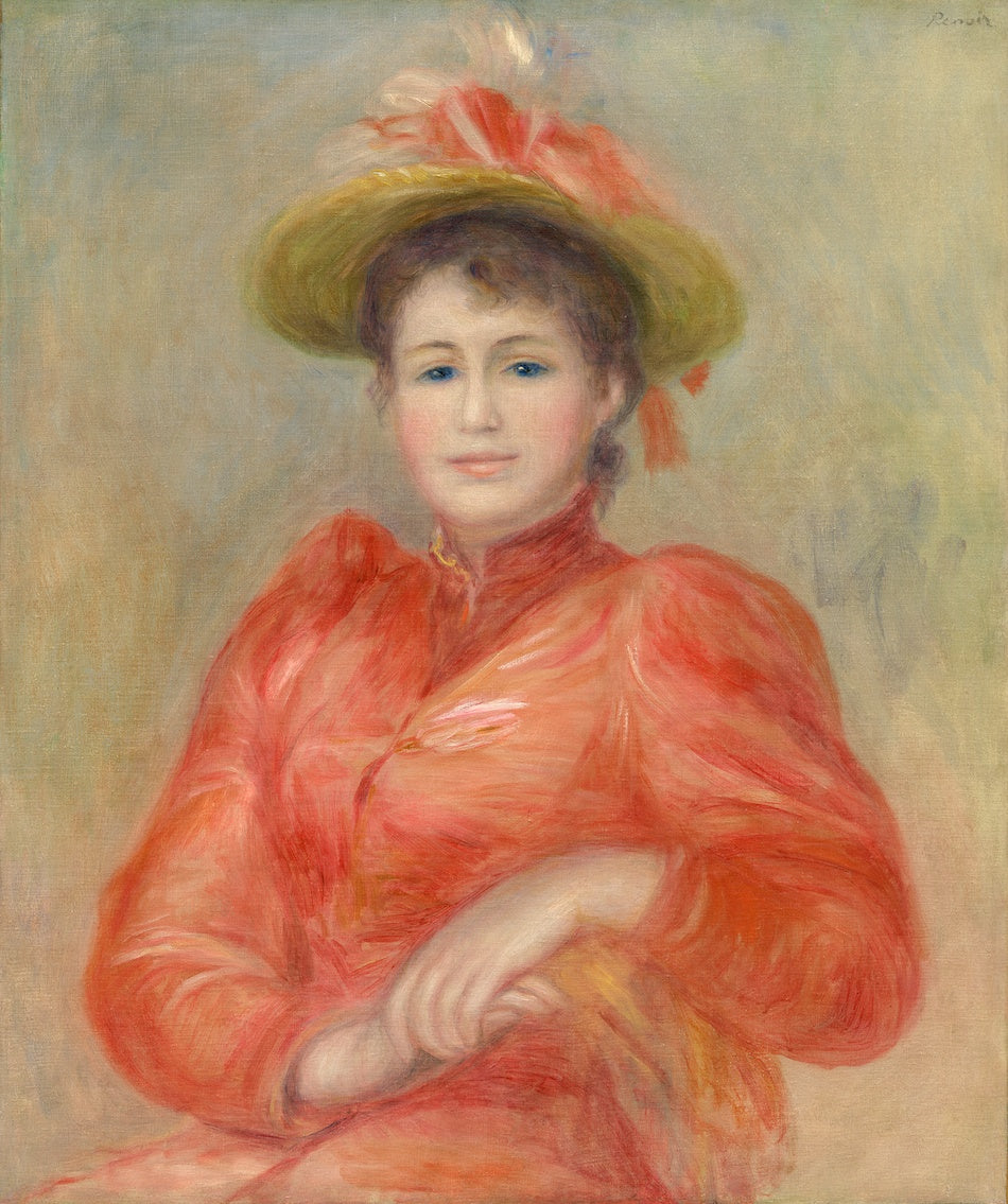 Reproduction du tableau ยซ Jeune femme en robe rouge - Pierre-Auguste Renoir ยป par Alpha Reproduction en peinture ร lโhuile