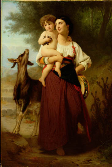 Reproduction du tableau ÂĢ Jeune mère en costume de campagne avec son enfant et une chèvre - Bouguereau Âģ par Alpha Reproduction en peinture à lâhuile