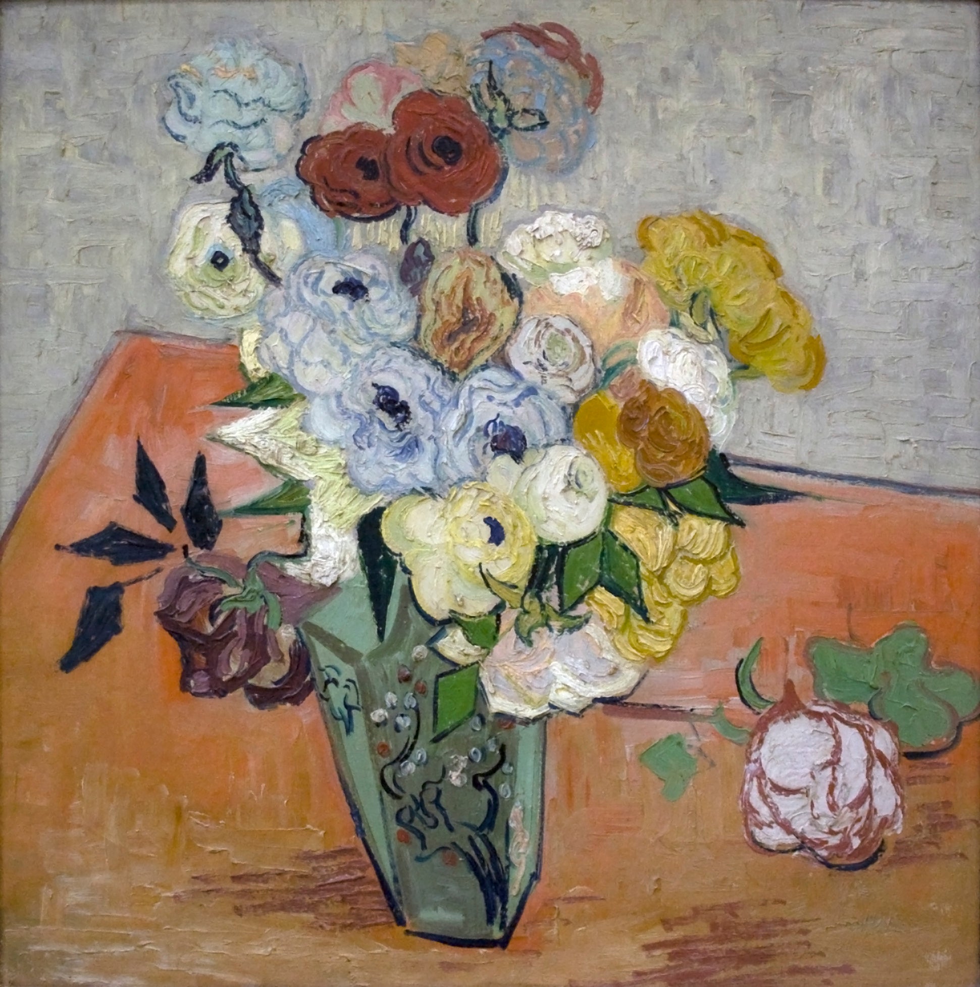 Reproduction du tableau ยซ Roses et anรฉmones - Vincent van Gogh ยป par Alpha Reproduction en peinture ร lโhuile