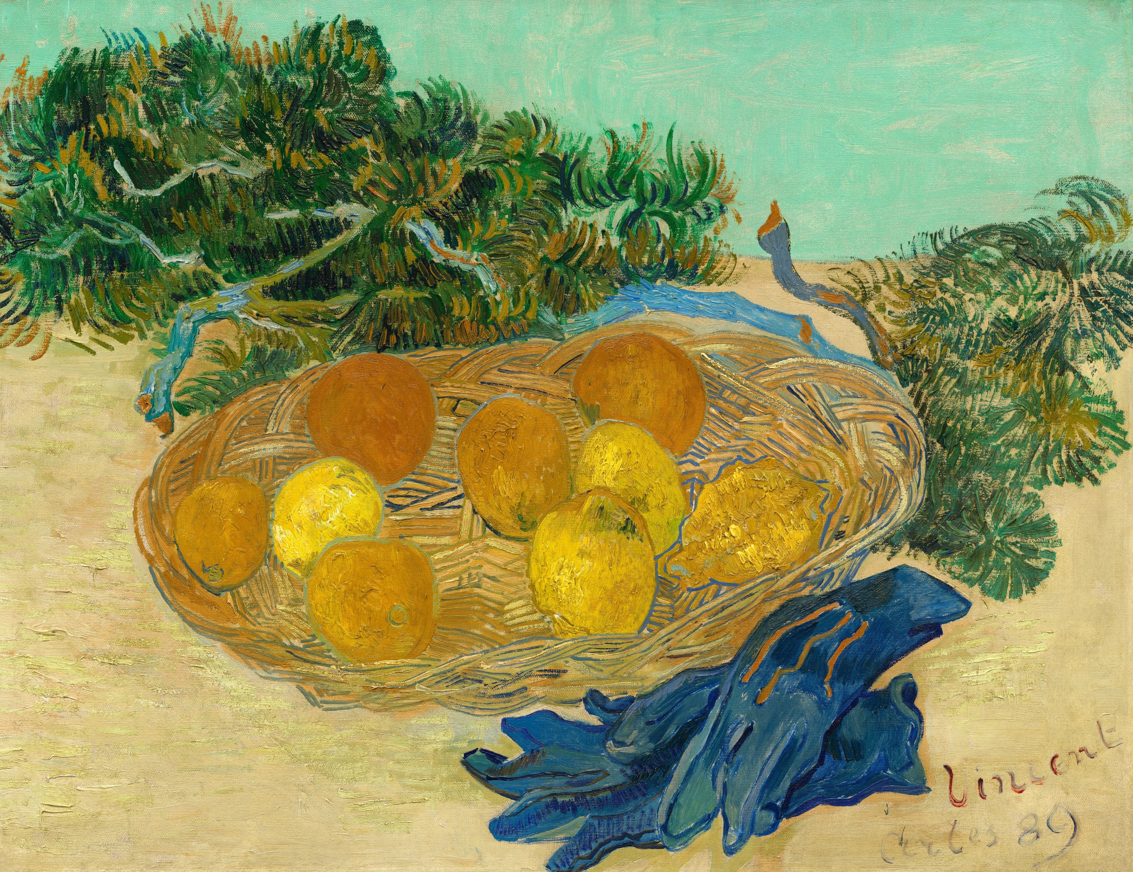 Reproduction du tableau ยซ Nature morte d'oranges et de citrons avec des gants bleus - Vincent van Gogh ยป par Alpha Reproduction en peinture ร lโhuile