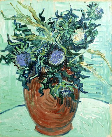 Reproduction du tableau ยซ Vase avec fleurs et chardons - Vincent van Gogh ยป par Alpha Reproduction en peinture ร lโhuile