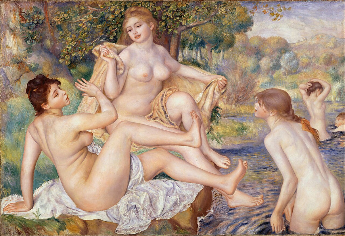 Les Grandes Baigneuses par Pierre-Auguste Renoir, 1884-1887, conservée au Philadelphia Museum of Art, cinq femmes nues dans un paysage méditerranéen