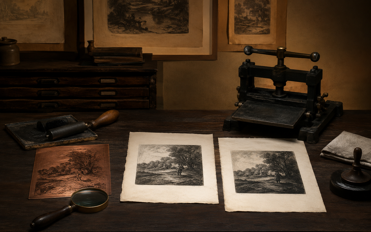 Presse, plaque de cuivre et réimpressions d’eaux-fortes d’après Rembrandt