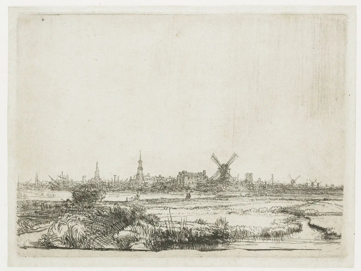 Amsterdam vue depuis le Kadijk, eau-forte de Rembrandt vers 1641