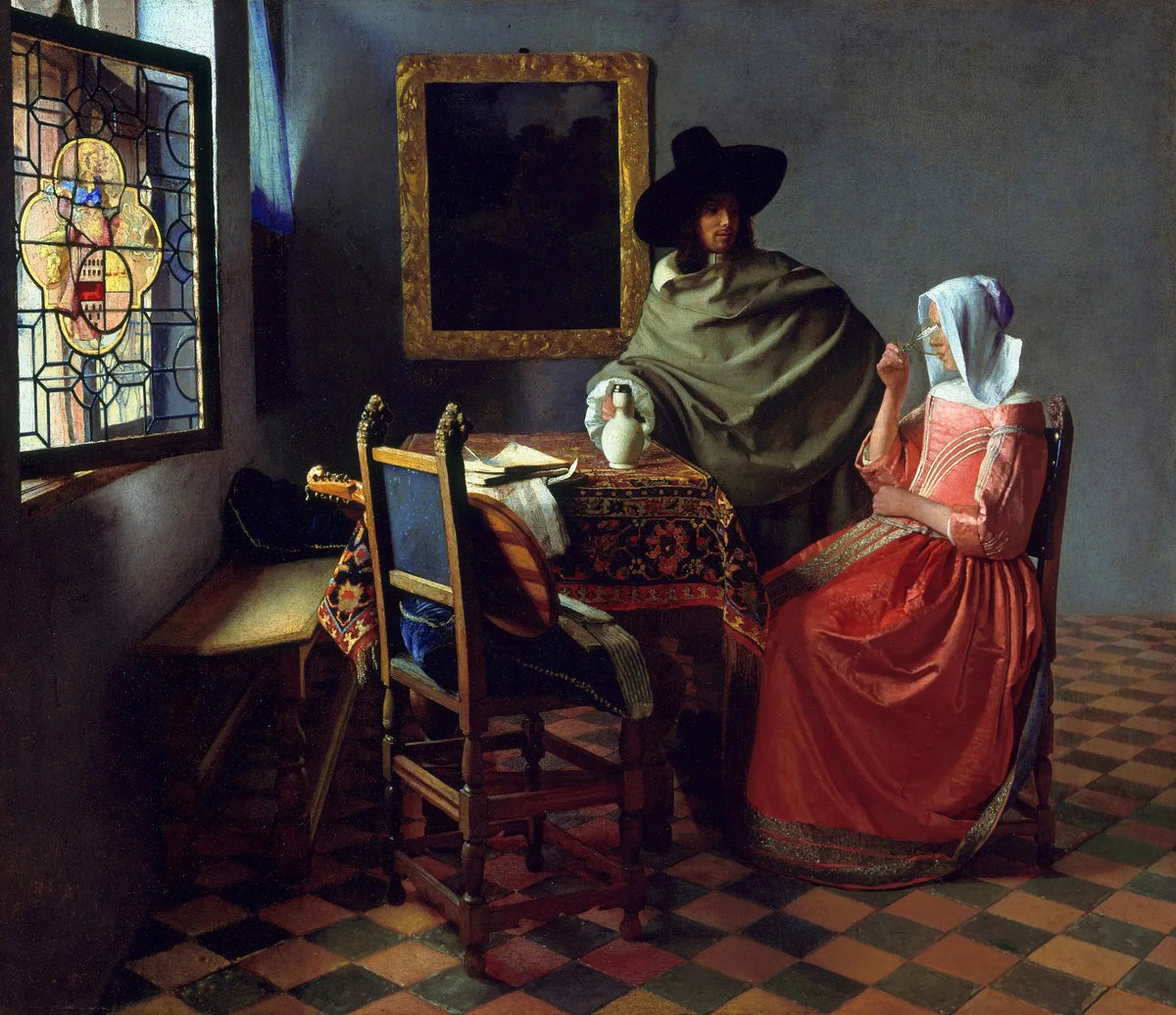 Johannes Vermeer's Glass of Wine, seduction scene and stained glass window