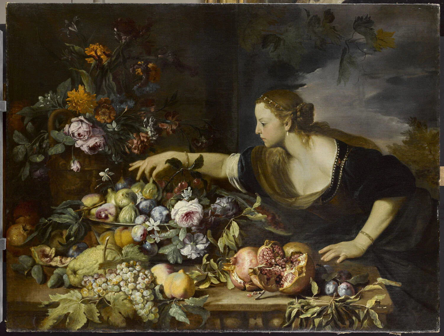 Femme prenant un fruit dans une coupe de fleurs et de fruits - Abraham Brueghel