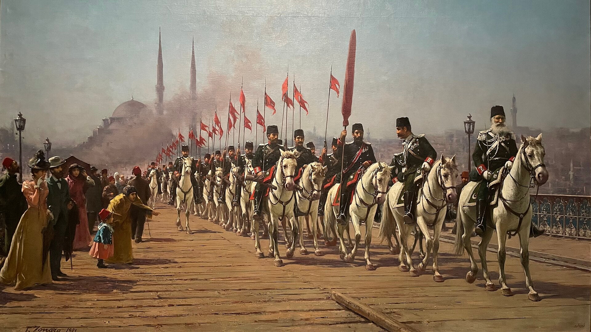 Le Régiment de cavalerie Ertuğrul franchissant le pont de Galata — Fausto Zonaro, vers 1901, huile sur toile