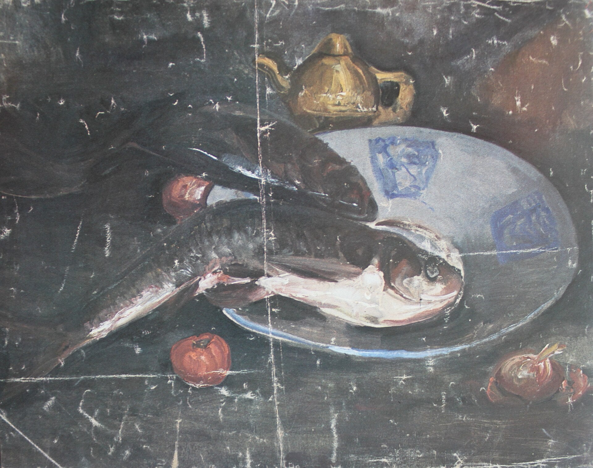 Deux poissons sur un plat bleu, Li Tiefu, années 1930–1940, huile sur toile