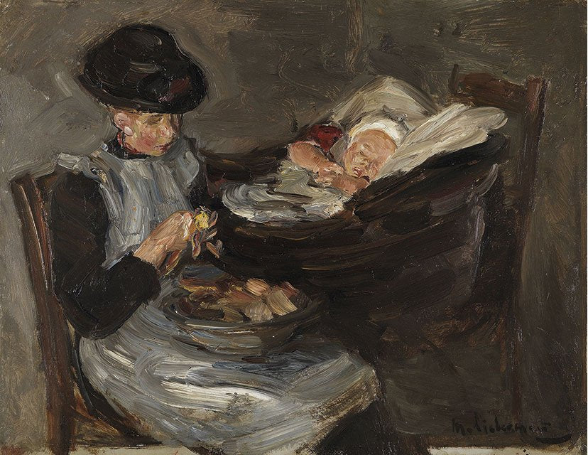Girl from Laren peeling potatoes with a sleeping child in a basket - Max Liebermann