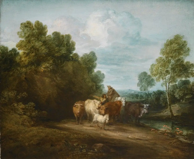 Rocky wooded landscape with peasant on horseback, herdsman and livestock, and building in the distance - Thomas Gainsborough