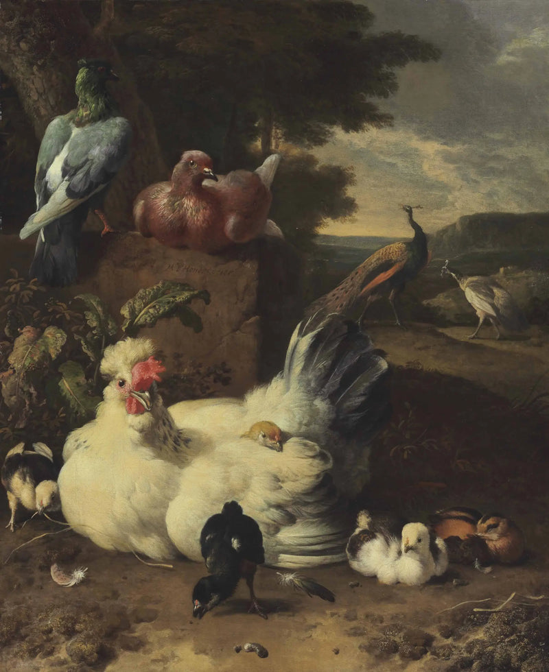 A hen, chicks, doves, and peacocks next to a stone wall in a landscape - Melchior de Hondecoeter