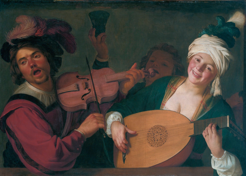 A joyful group behind a balustrade with a violin and a lute player - Gerrit van Honthorst