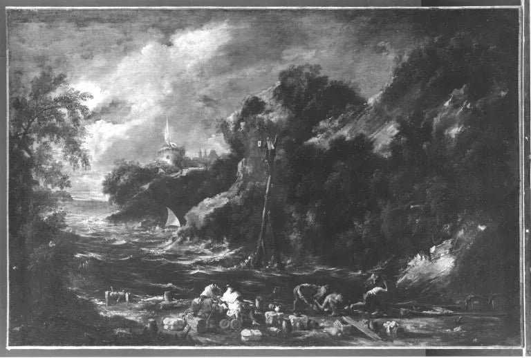 Felsige Meeresbucht mit Mönchen und Schiffern - Alessandro Magnasco image 1 copie peinte à la main à l’huile