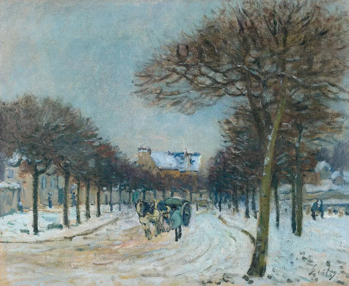 Reproduction du tableau « Route contournant l’Abreuvoir de Marly-le-Roi, temps de neige - Alfred Sisley » par Alpha Reproduction en peinture à l’huile