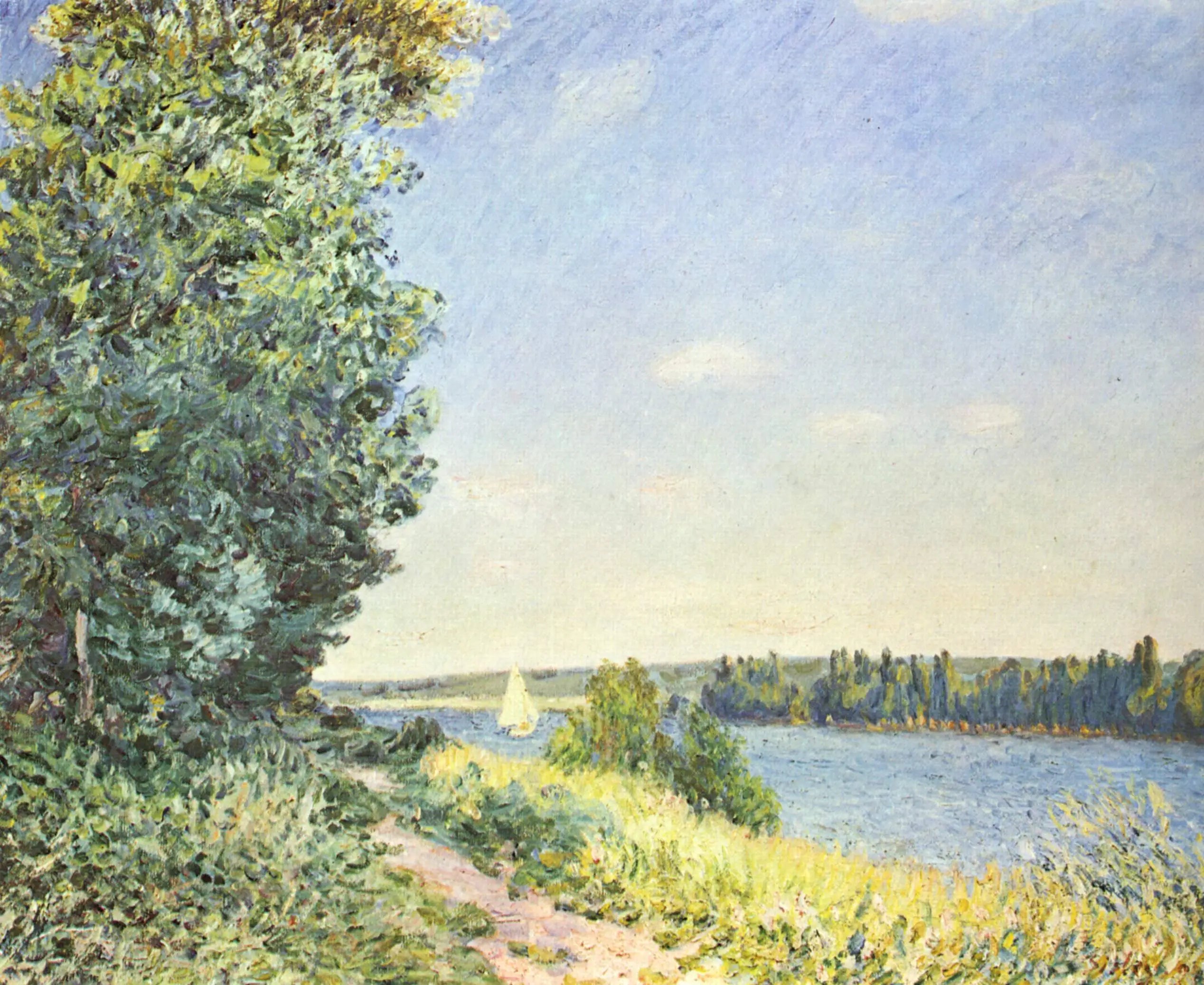 Reproduction du tableau « Normandie, le sentier au bord de l'eau, soir à Sahurs - Alfred Sisley » par Alpha Reproduction en peinture à l’huile