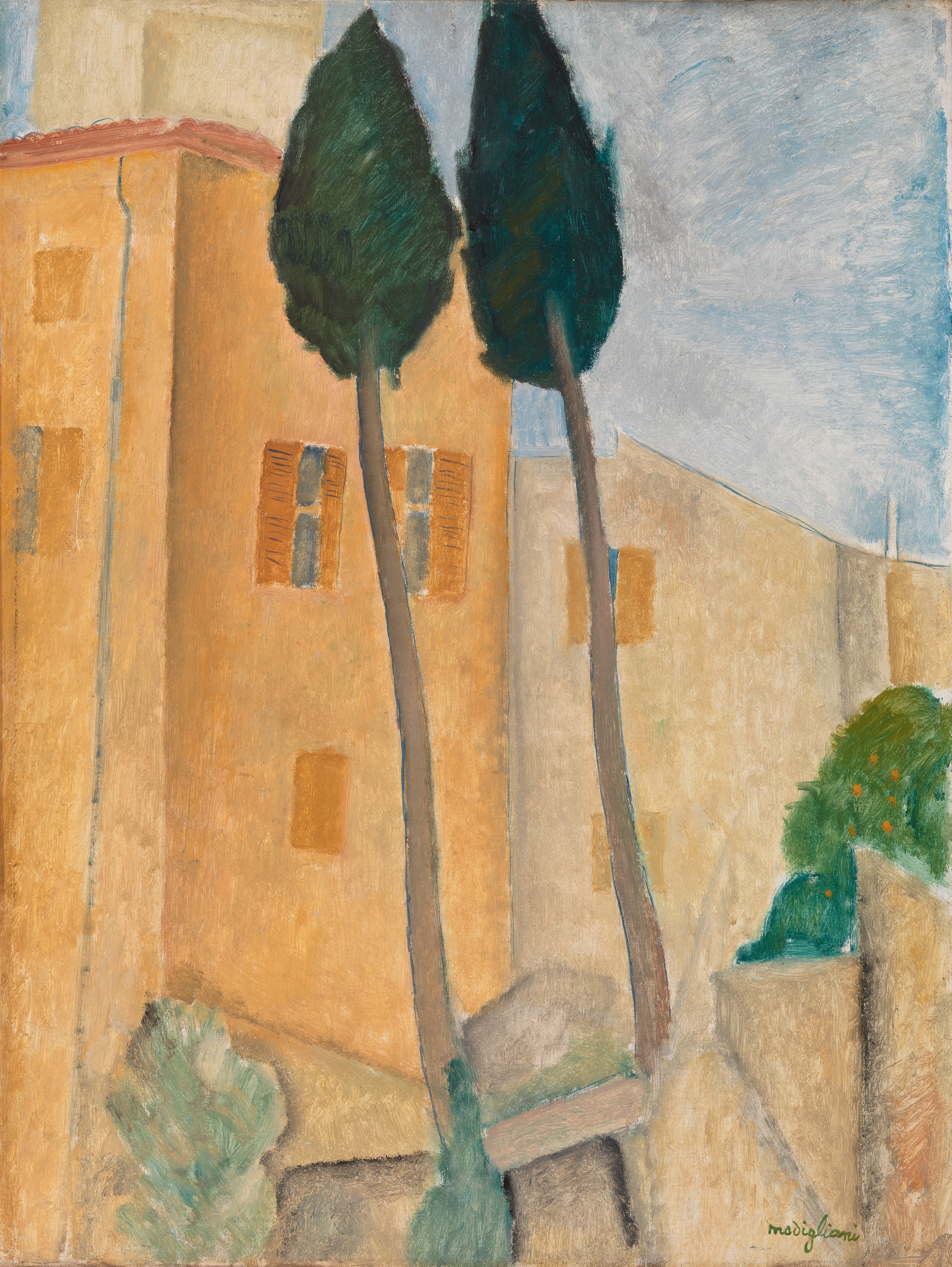 Reproduction du tableau « Cyprès et maisons à Cagnes - Amedeo Modigliani » par Alpha Reproduction en peinture à l’huile