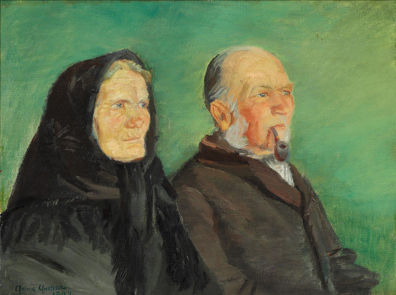 A couple from Skagen celebrating their golden wedding anniversary against a backdrop of greenery. - Anna Ancher
