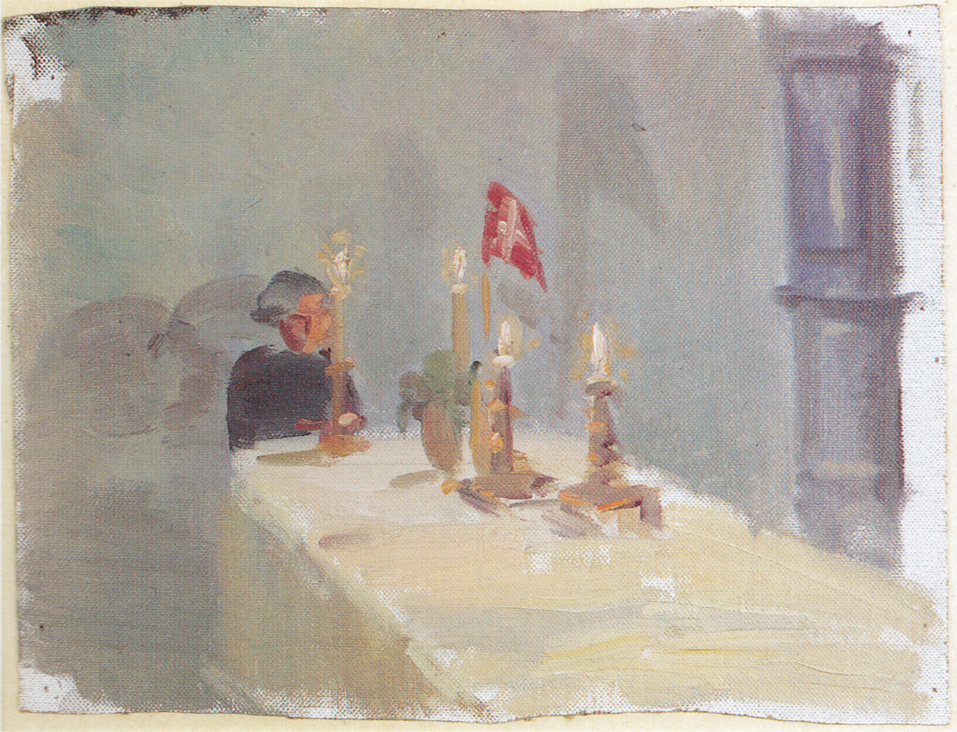 Anniversaire. Une femme au bout d’une table avec des bougies et un drapeau. - Anna Ancher - Alpha Reproduction