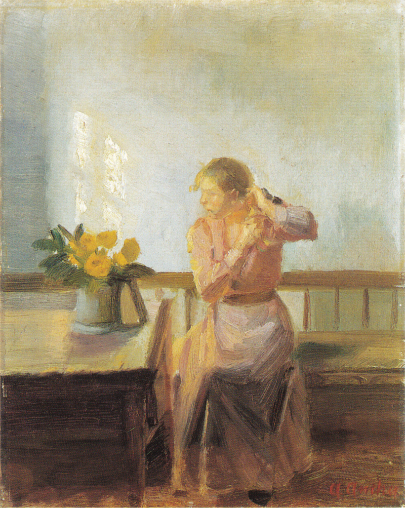 Woman sitting, braiding her hair - Anna Ancher