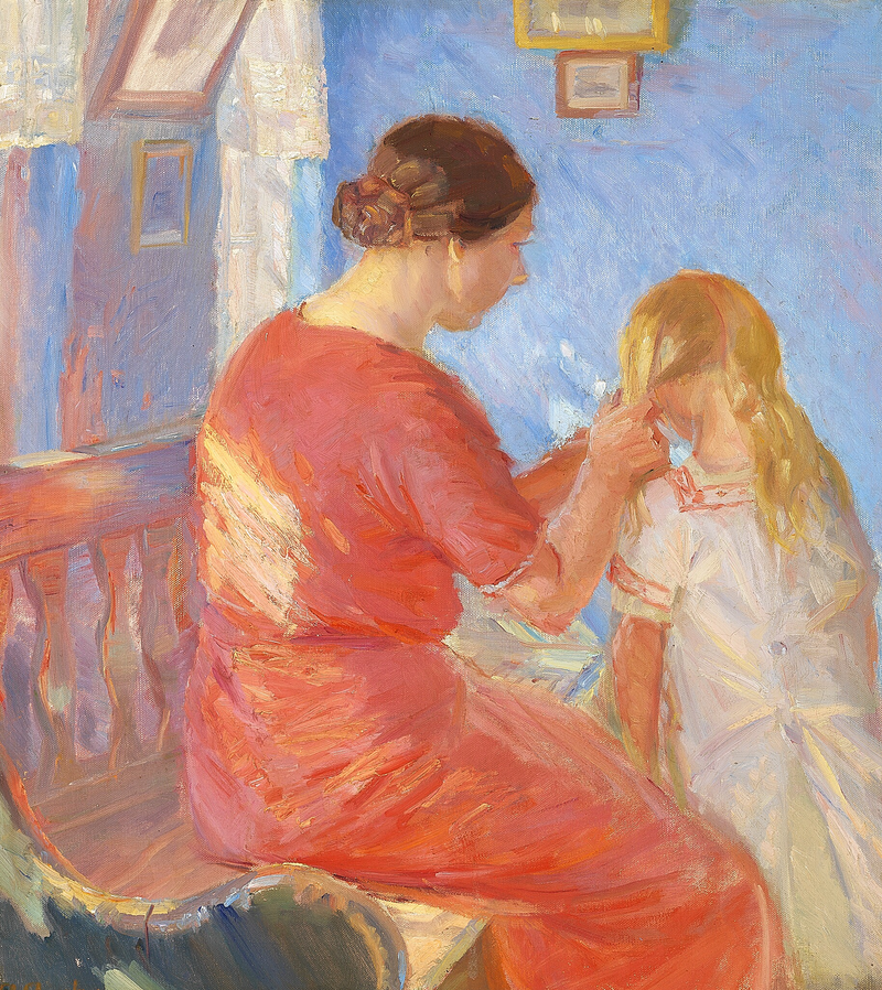 A mother braiding her child's hair. - Anna Ancher