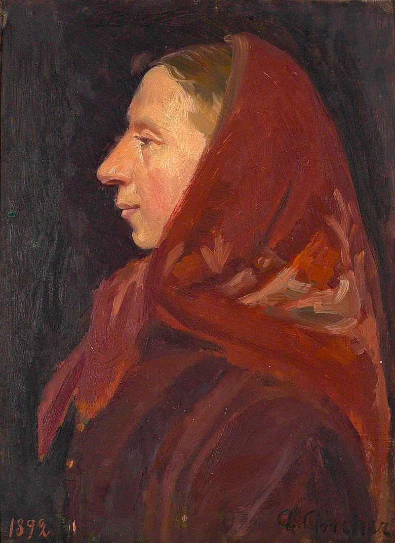 Portrait of a woman wearing a red headscarf. - Anna Ancher