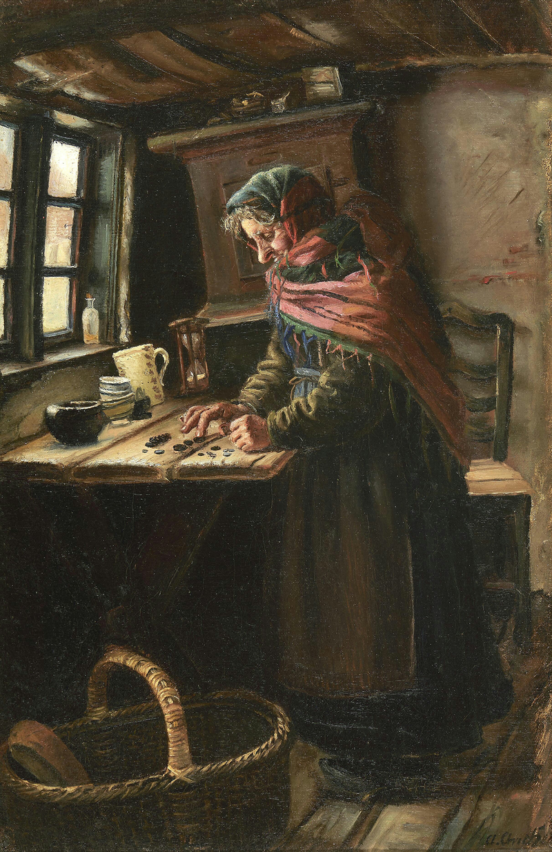 Stine Bollerhus counts the money she's earned selling bread. And she starts all over again. - Anna Ancher