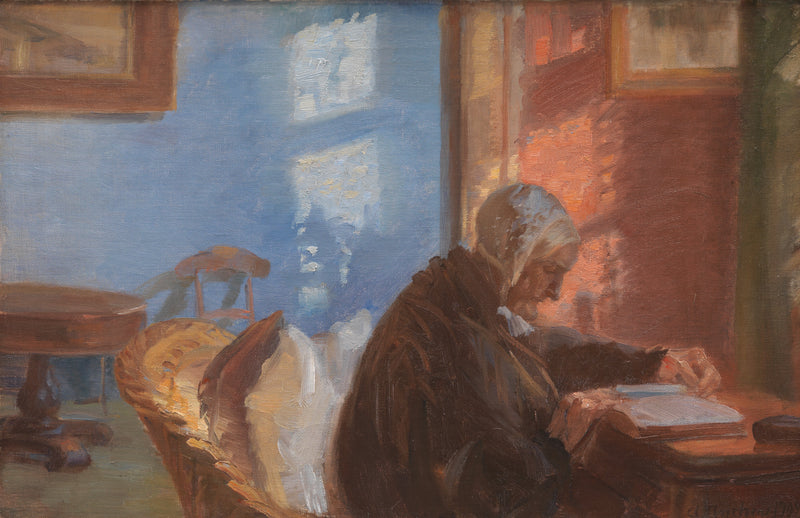 The Mother of the artist Ane Hedvig Brøndum in the red room - Anna Ancher