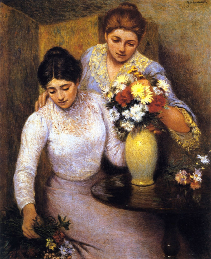 Two girls arranging flowers - Federico Zandomeneghi