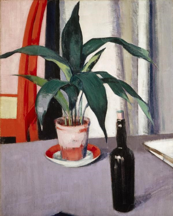 Aspidistra et bouteille sur la table - Francis Cadell
