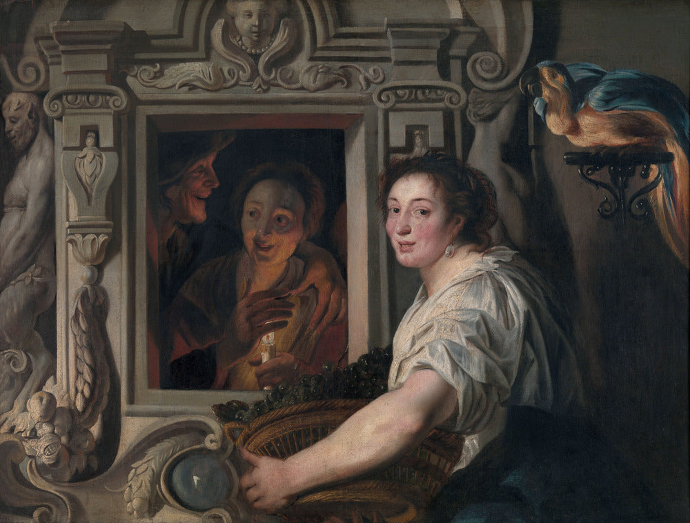 Une servante avec un panier de fruits et deux amoureux - Jacob Jordaens