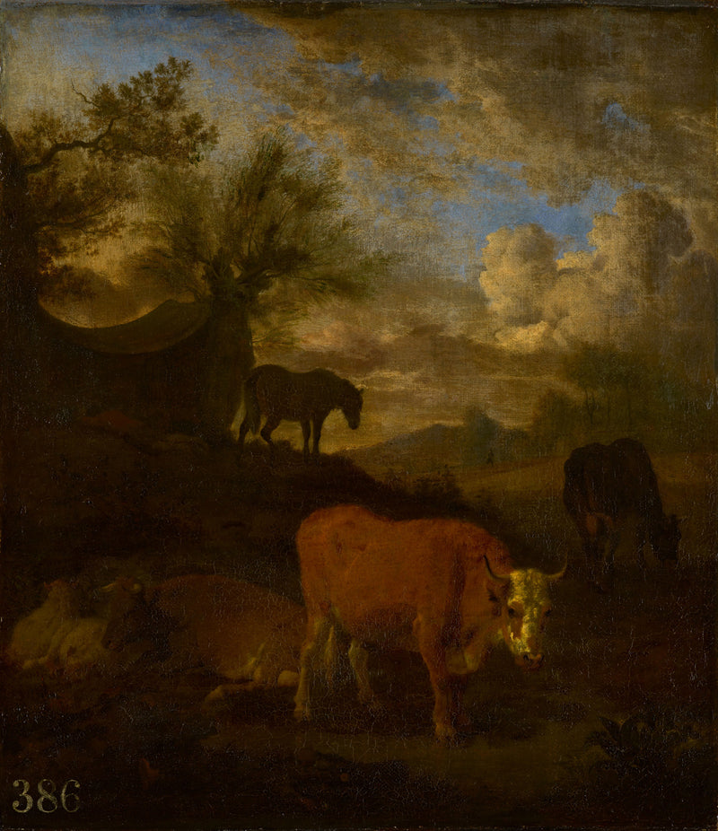 Du bétail, un cheval et un berger endormi - Adriaen van de Velde