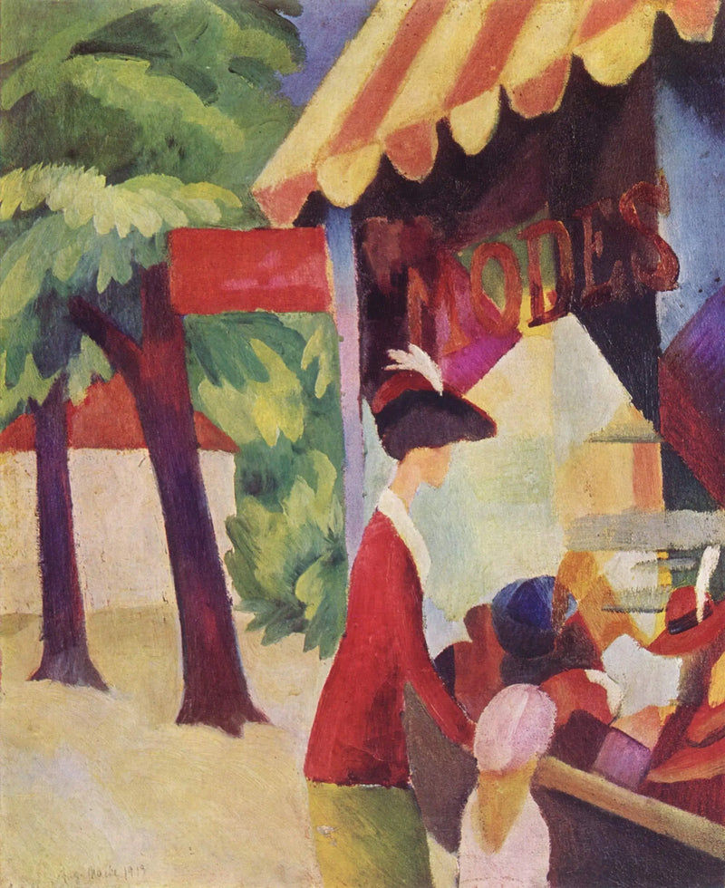 In Front of the Hat Shop (Woman with a Red Jacket and a Child) - August Macke