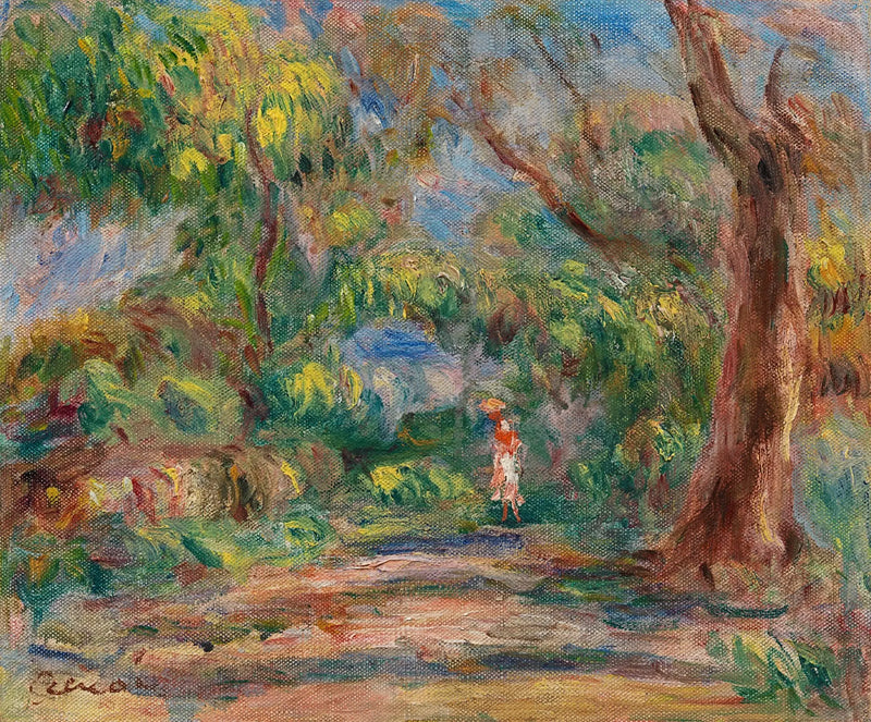 Landscape, farm lane with woman in red and white - Pierre-Auguste Renoir