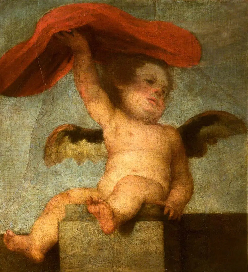 An angel-putto holding something red: a fragment - Bartolomé Esteban Murillo