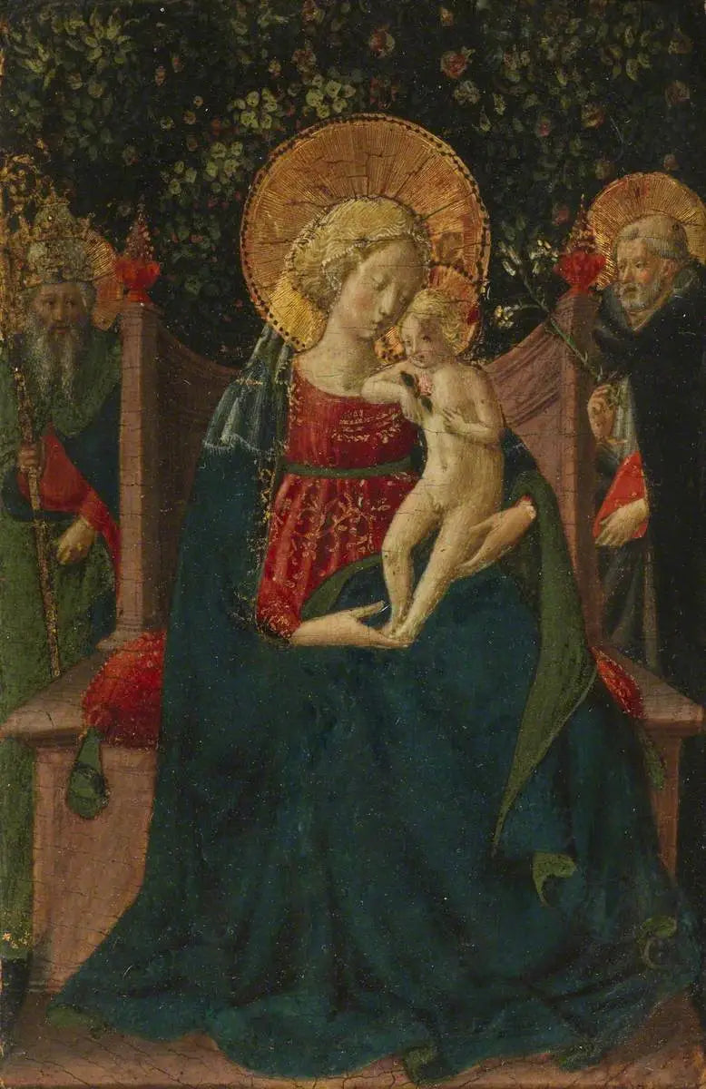 Virgin and Child enthroned between Saint Dominic and a papal saint (formerly attributed to Domenico di Michelino) - Benozzo Gozzoli