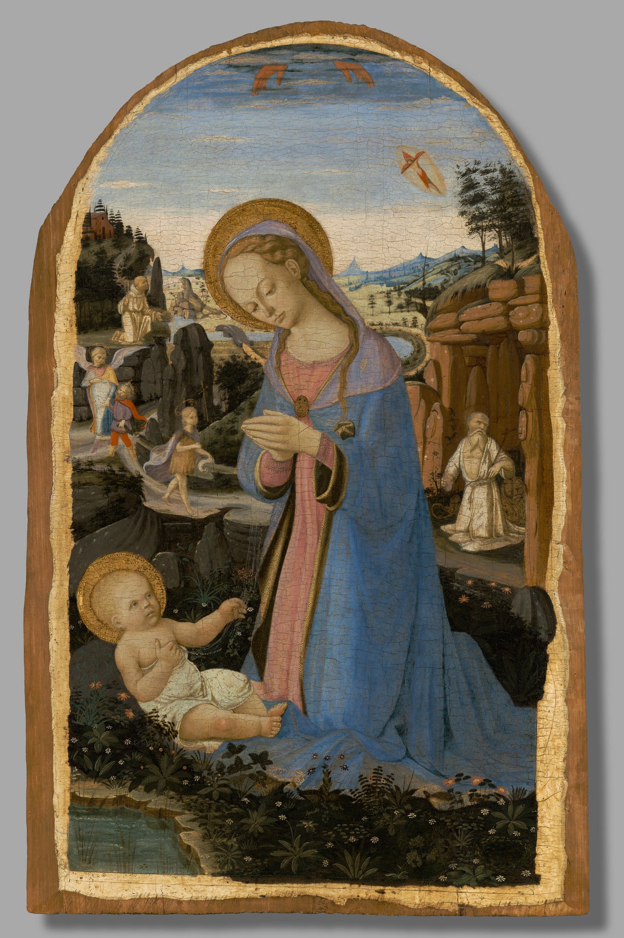 The Adoration of the Christ Child with Saints Francis of Assisi Receiving the Stigmata,Tobias and the Angel, Saint John the Baptist in the Wilderness and the Penitent Saint Jerome - Andrea del Verrocchio