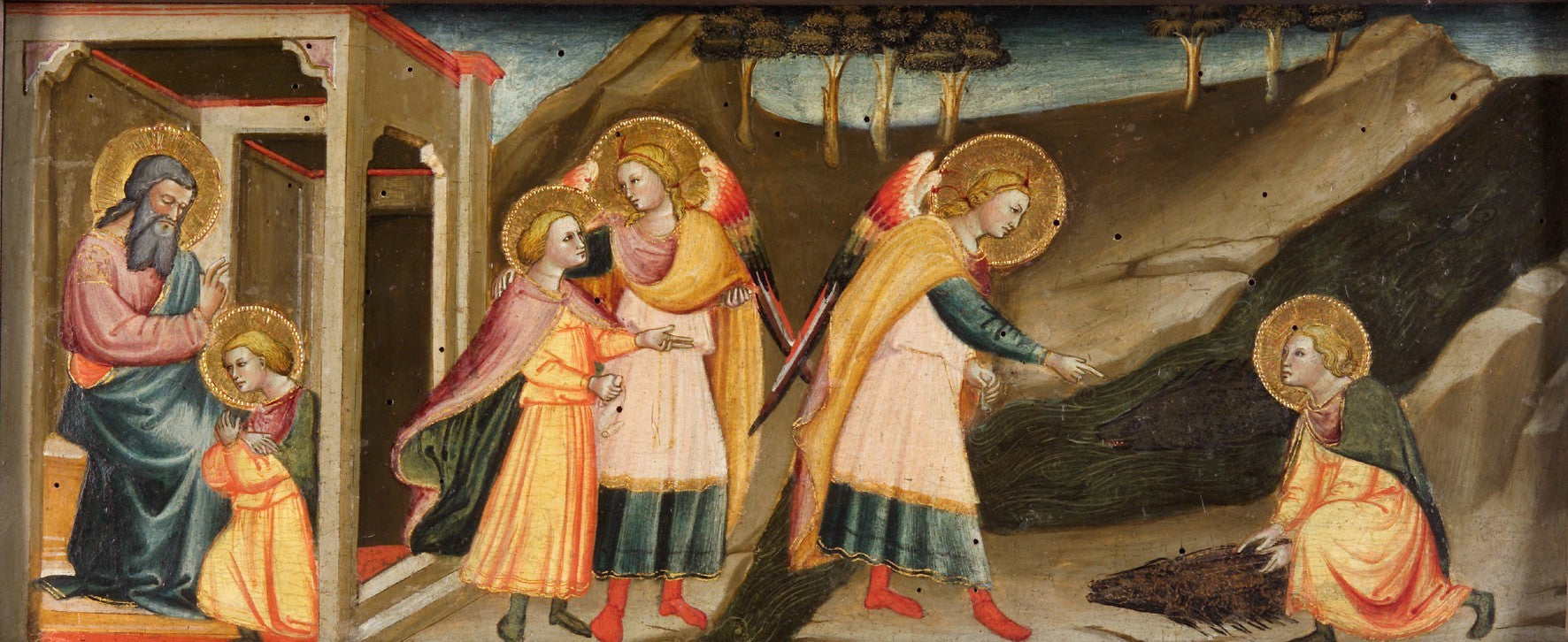 Scènes de Tobias (Tobias fait ses adieux à son père ; Les pérégrinations de Tobias et de l'archange Raphaël ; Tobias prenant le cœur, le levier et la fiel du poisson) - Bicci di Lorenzo