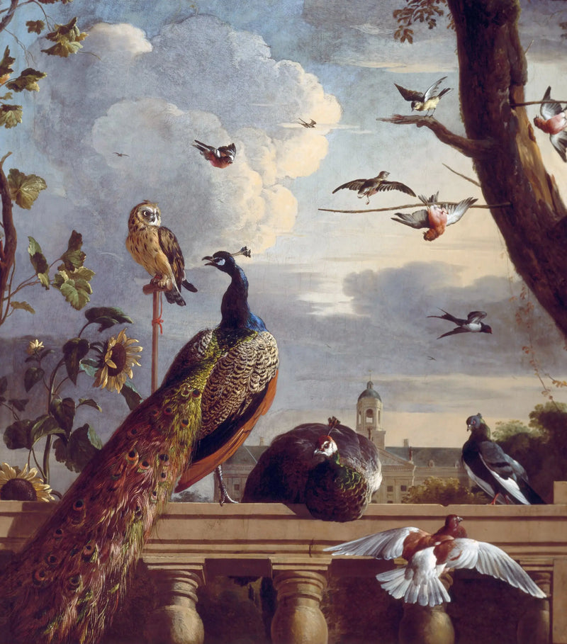 Birds around a balustrade, with the Amsterdam City Hall in the background, 1670 - Melchior de Hondecoeter
