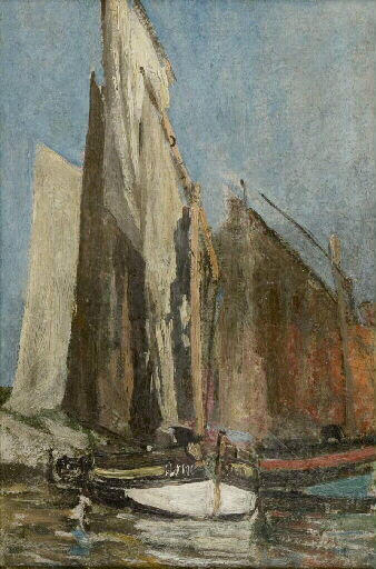 Reproduction du tableau « Barques de pêche (étude) - Eugène Boudin » par Alpha Reproduction en peinture à l’huile